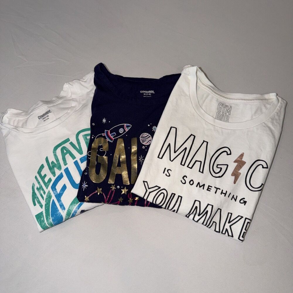 Gymboree T-Shirt Lot of 3 Surf Galaxy Space Magic Girls M 7/8 White & Navy Tee - Picture 2 of 11